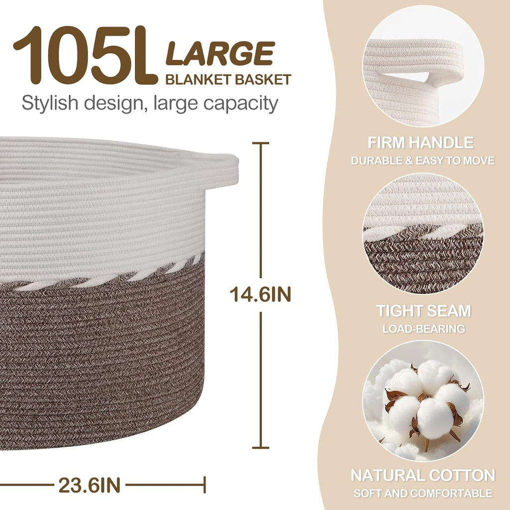 OIAHOMY 105L Extra Large Blanket Basket - Decorative Cotton Rope Storage Basket for Bedroom, Living Room & Nursery - Woven Laundry Hamper for Organizing Blankets, Clothes & Toys - Brown & White