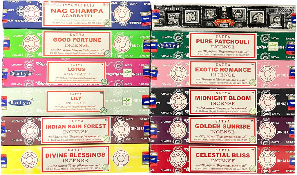 Satya Bangalore (BNG) Set of 12 NagChampa SuperHit CelestialBliss DivineBlessings ExoticRomance GoldenSunrise IndianRainforest MidnightBloom PurePatchouli GoodFortune Lotus Lily, VarietyPack08