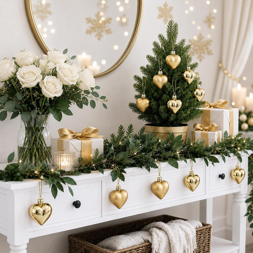 Set of 12 Gold Heart Ornaments for Christmas Valentine Tree Decorations, 1.8 inch Mini Valentines Ornaments for Small Tree, Heart Shaped Plastic Shatterproof Hanging Balls Holiday Party Decor