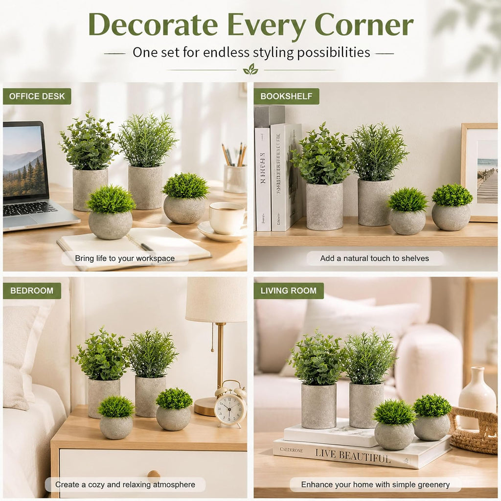 Set of 4 Small Artificial Plants in Pots, Faux Greenery Cement Desk