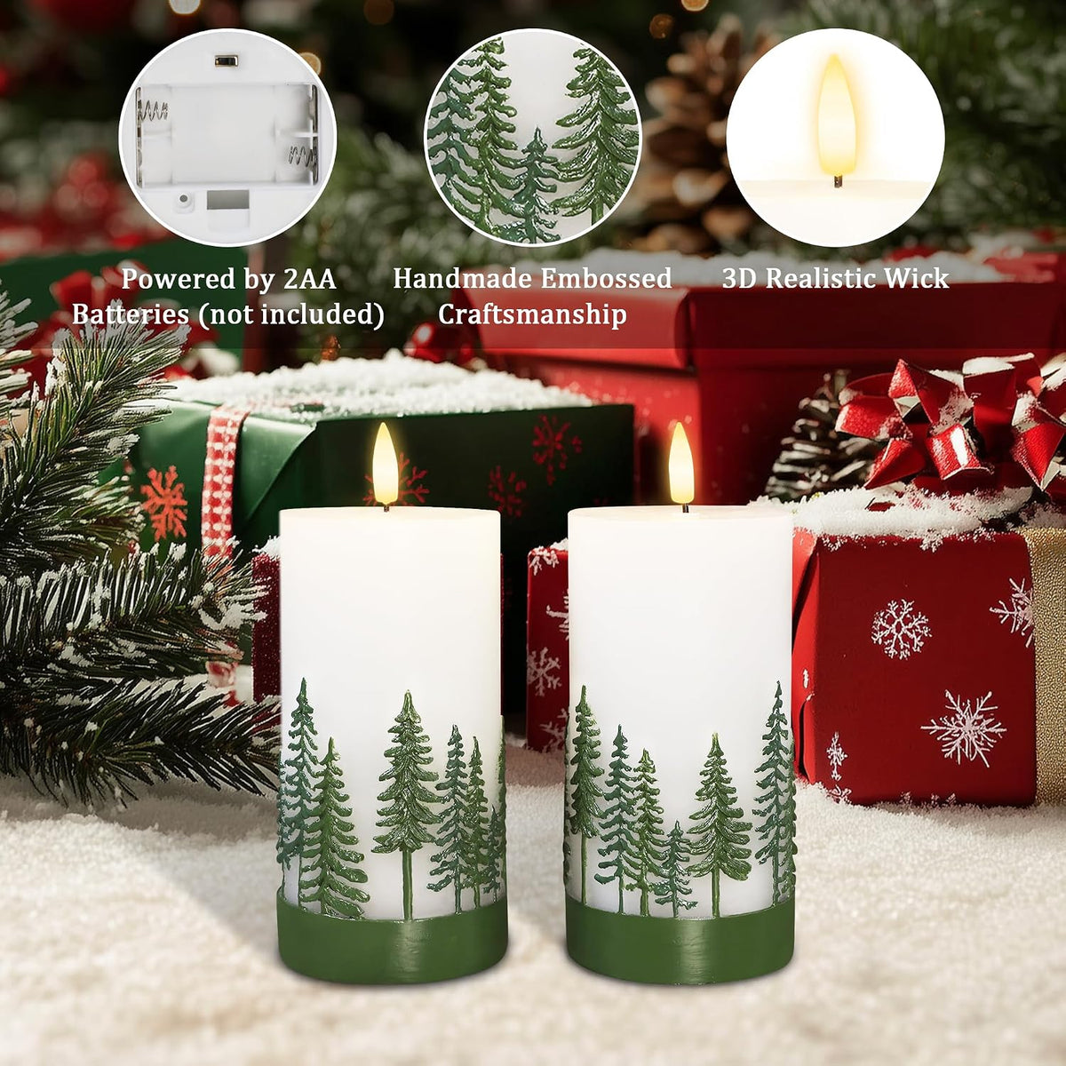 Holiday Flameless Candles Green Hand Drawn Christmas Tree Design with Remote Control, Flickering Real Wax Christmas LED Candles - Home Party Bathroom Room Xmas Decorations - Set of 2