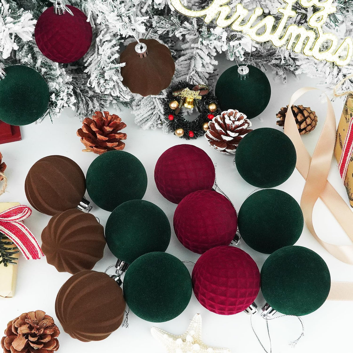 Artmag 16 Pcs Velvet Christmas Balls Hanging Ornaments Set, Shatterproof Plastic Flocked Christmas Tree Balls Xmas Decorations Festival Holiday Party Decor (Red,Green,Brown,2.36 Inch)