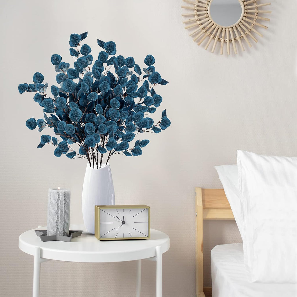 Sggvecsy 6 Pcs Eucalyptus Leaves Artificial Eucalyptus Stems Long Silver Dollar Leaves Faux Leaf Branches Fake Silk Eucalyptus for Spring Summer Home Festival Thanksgiving Christmas Decor (Blue)