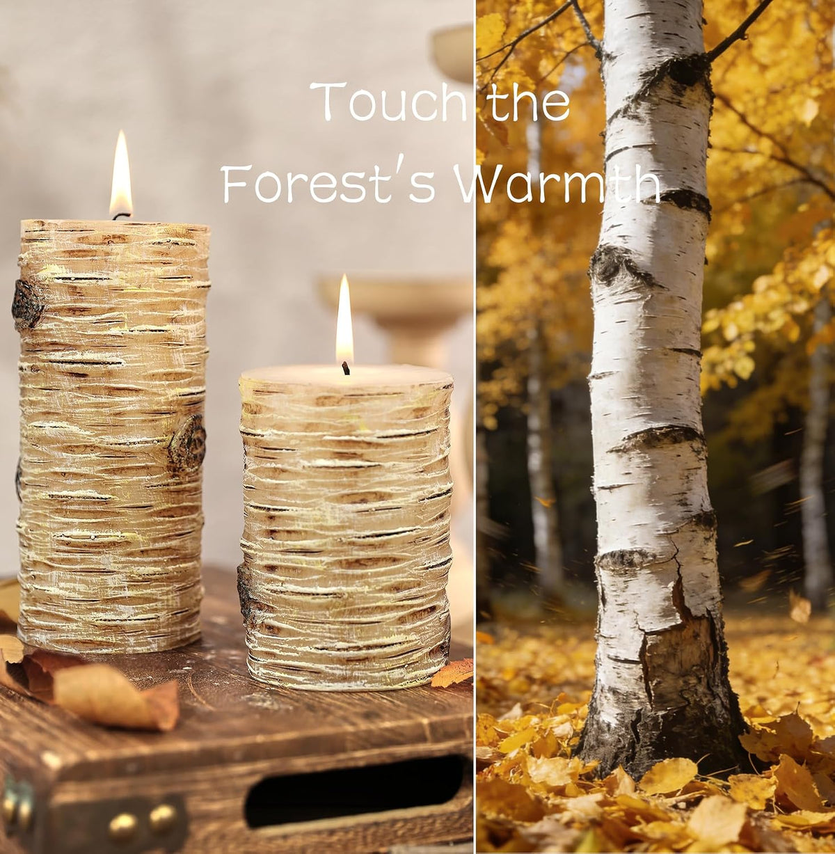 Birch Bark Pillar Candle Set of 3, Real Wax Fireplace Decor Candles