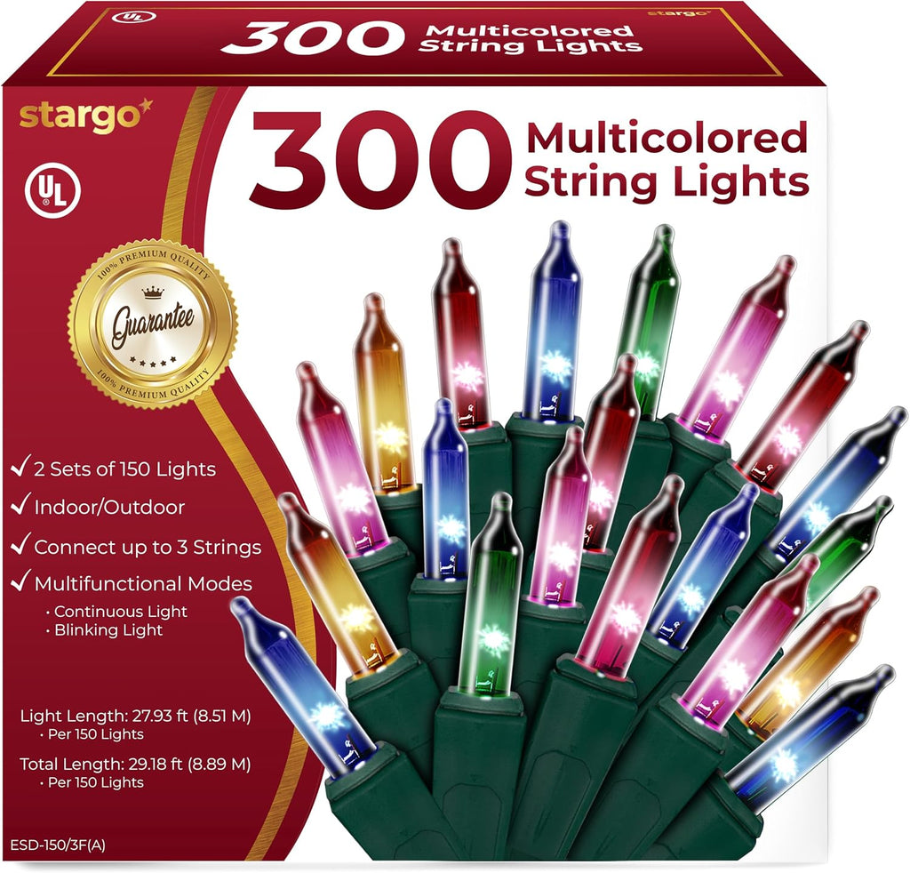 Christmas Lights for Tree - 300 Count Colored Xmas Lights | 58.4 FT Total