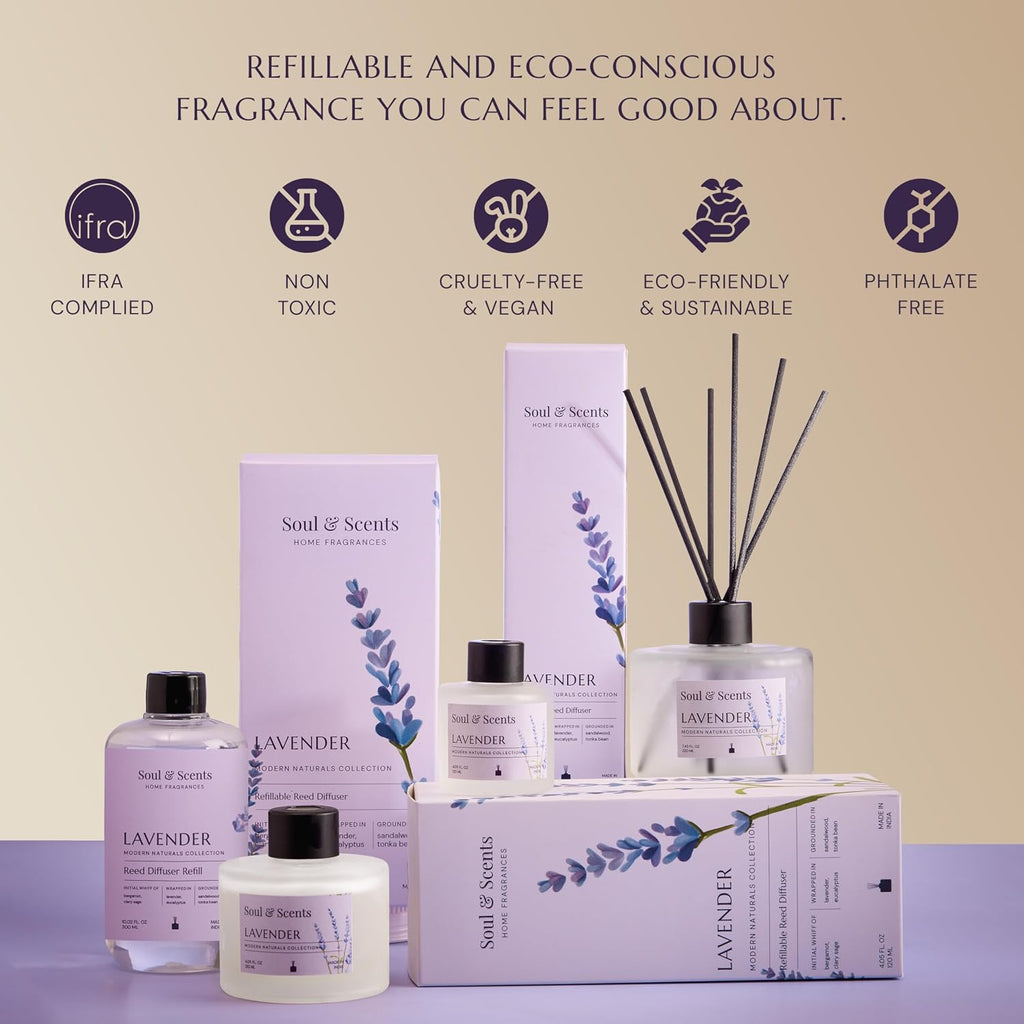 Soul & Scents Lavender Scented 4.06 oz (120ml) Reed Diffuser Set with 6 Fiber Sticks for Room Decor | Home Fragrance Reed Diffuser | Air Freshners for Home