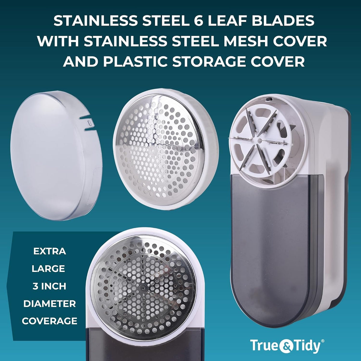 True & Tidy XL Rechargeable Fabric Shaver & Lint Remover w/Built-in Light, Sweater Defuzzer with 3 Speeds, Replaceable 6 Leaf Steel Blades, XL Lint Bin, Mini Brush for Cleaning, up to 3+ Hours of Use