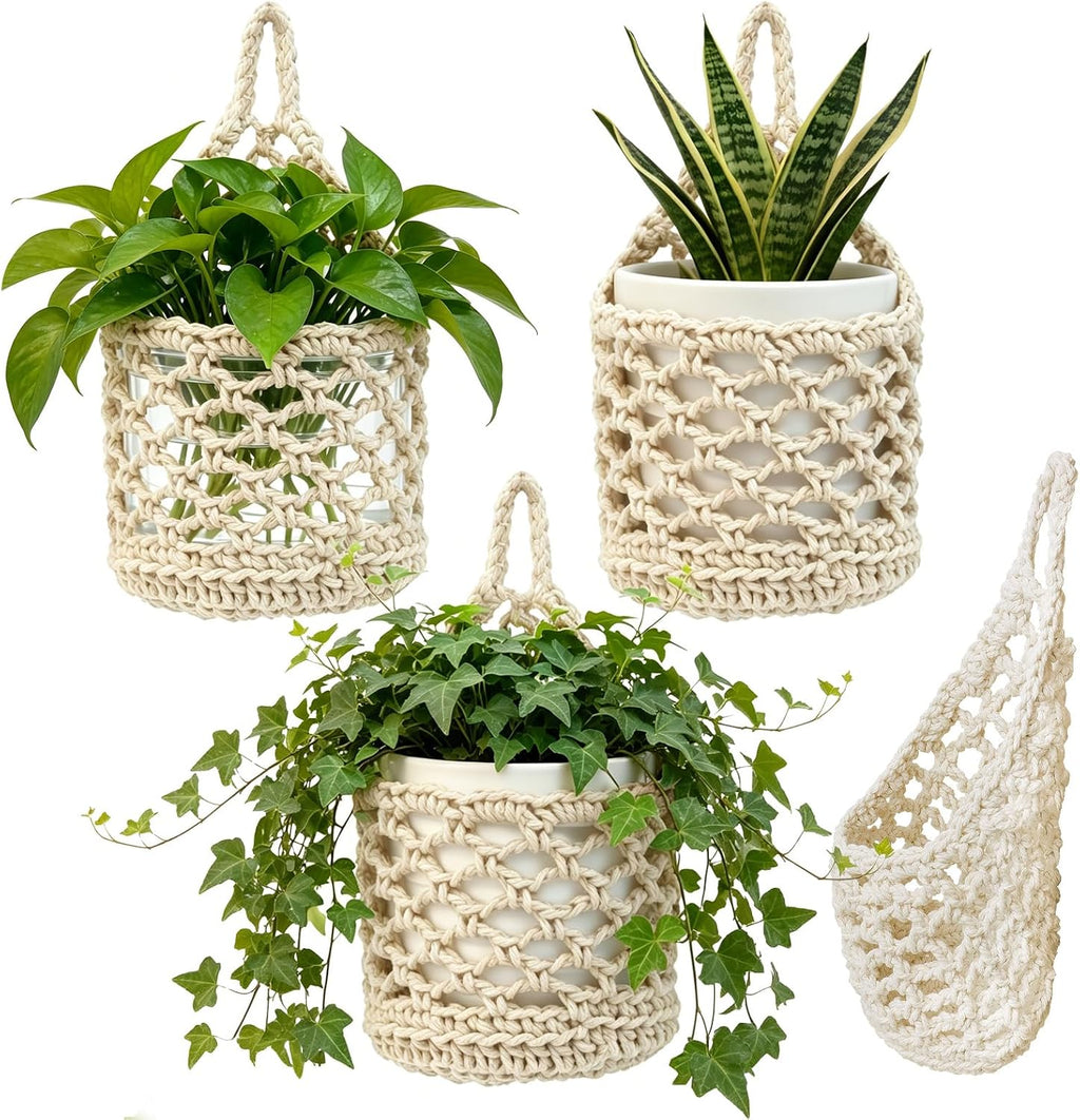 4-Pack 5-Inch Macrame Wall Plant Hangers Fits 4–5" Pots Up to 5" Tall Natural Cotton Hanging Planter Baskets for Indoor Plants, Boho-Style Woven Plant Baskets for Walls White