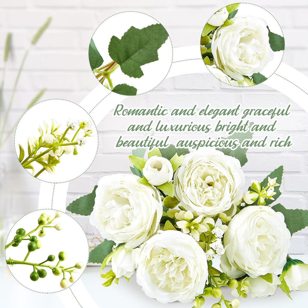 Jexine Artificial Peonies Flowers, White, Champagne, 24 Bundles