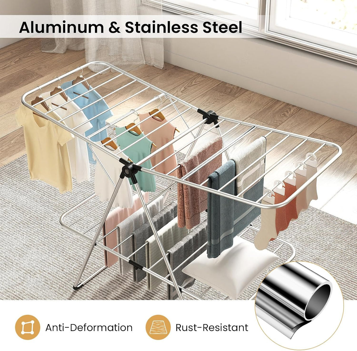 Tangkula Clothes Drying Rack Foldable, 2-Level Heavy-Duty Aluminum Laundry Drying Rack Collapsible with Height-Adjustable Wings, Space-Saving Freestanding Airer Clothing Dryer Stand for Indoor Outdoor