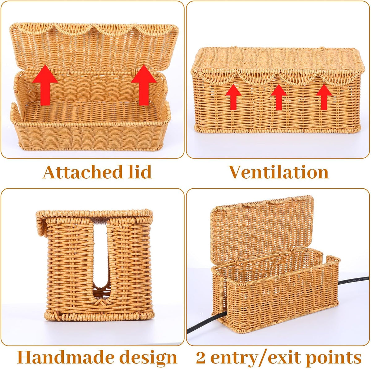 Large Rattan Cable Management Box, Handwoven Cord Hider Box with Lid, 2-Slot Under Desk Organizer for Power Strip, TV Wires, Computer Router & USB Hub, 11.8" x 5.1" x 5.1"