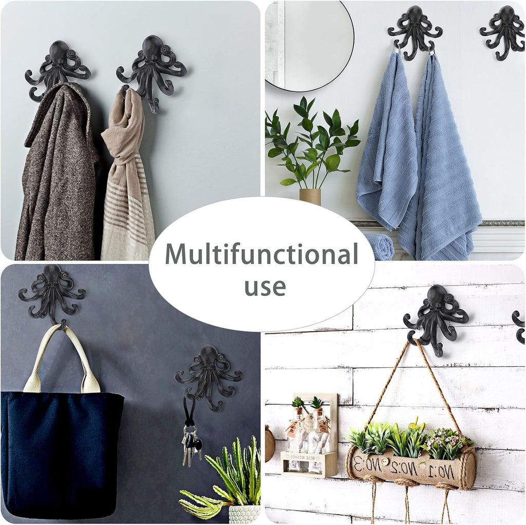 Sumnacon 6 Inch Cast Iron Octopus Coat Hook - Rustic Metal Wall Rack for Key Towel Bag, Hat Scarf with Screws, Decorative Duty Clothing Hanger for Bedroom Bathroom Kitchen Balcony Entry Door, Black