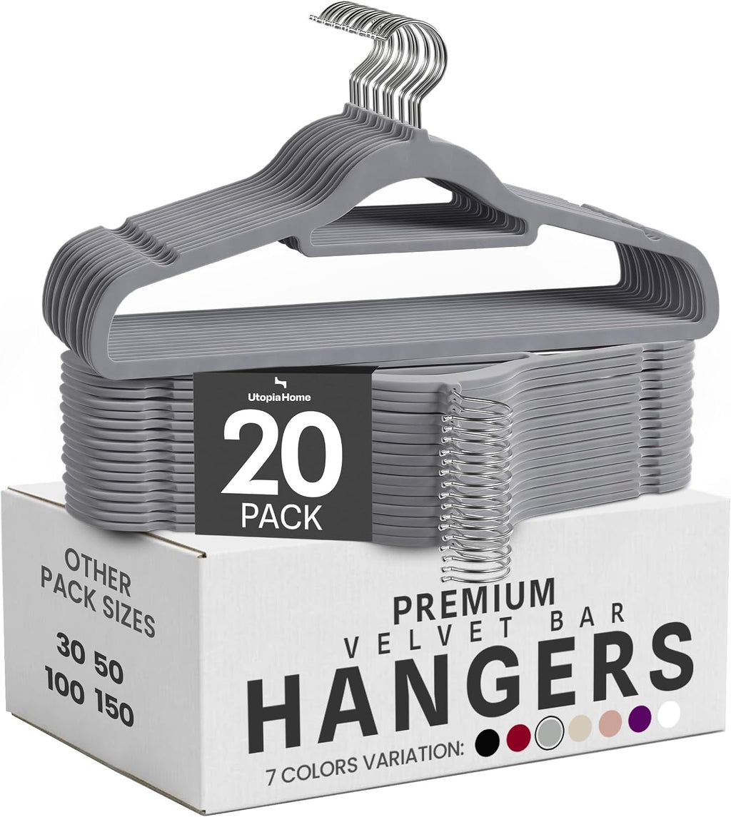 Utopia Home Velvet Hangers 20 Pack – Premium Hangers with Tie Bar - Grey