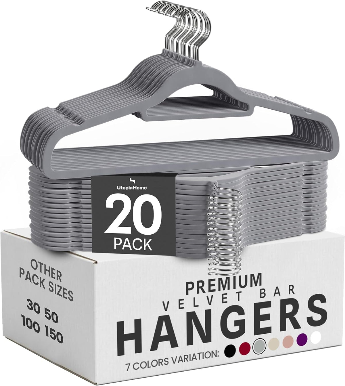 Utopia Home Velvet Hangers 20 Pack – Premium Hangers with Tie Bar - Grey