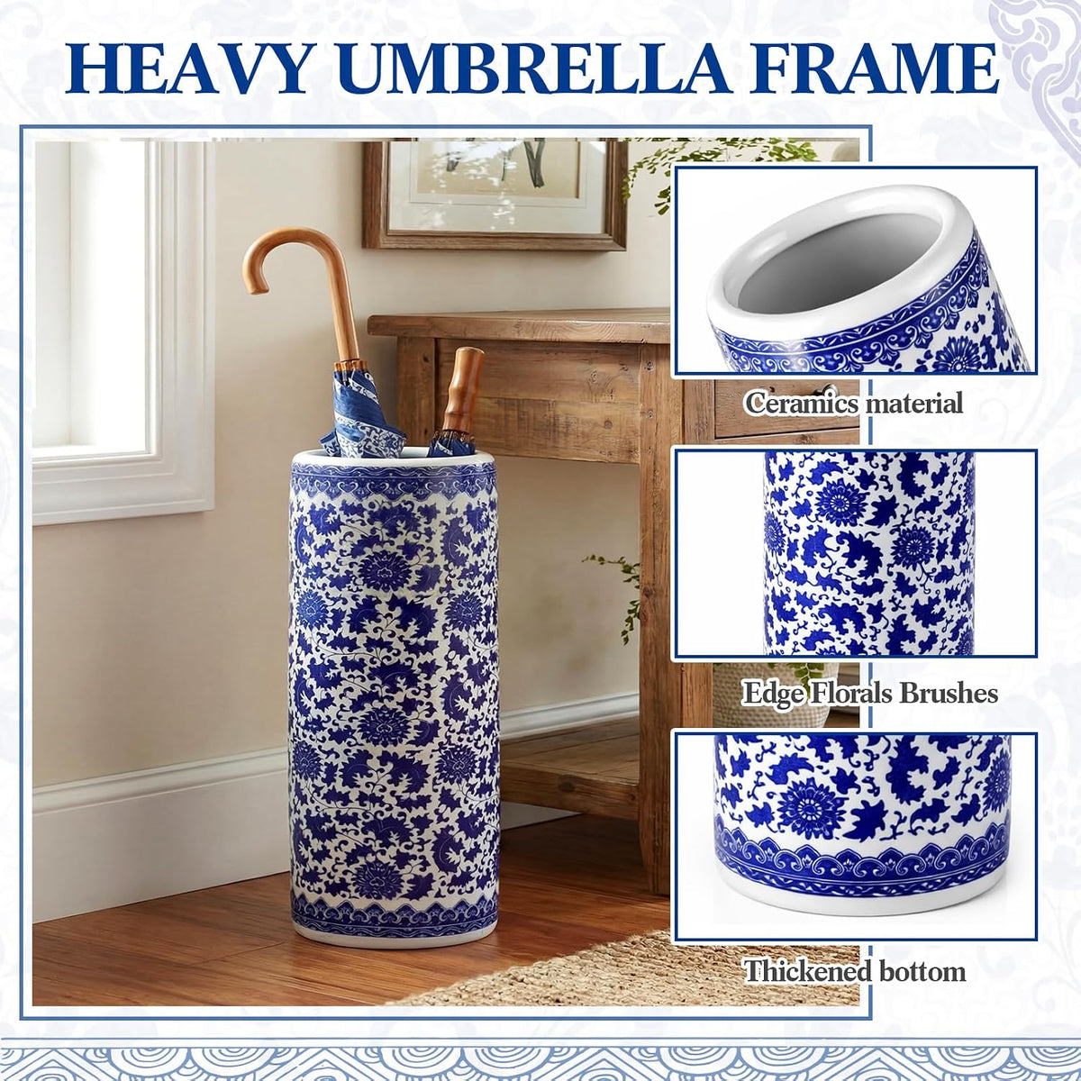 Sawysine Blue White Ceramic Umbrella Stand with Lotus in Vine Design