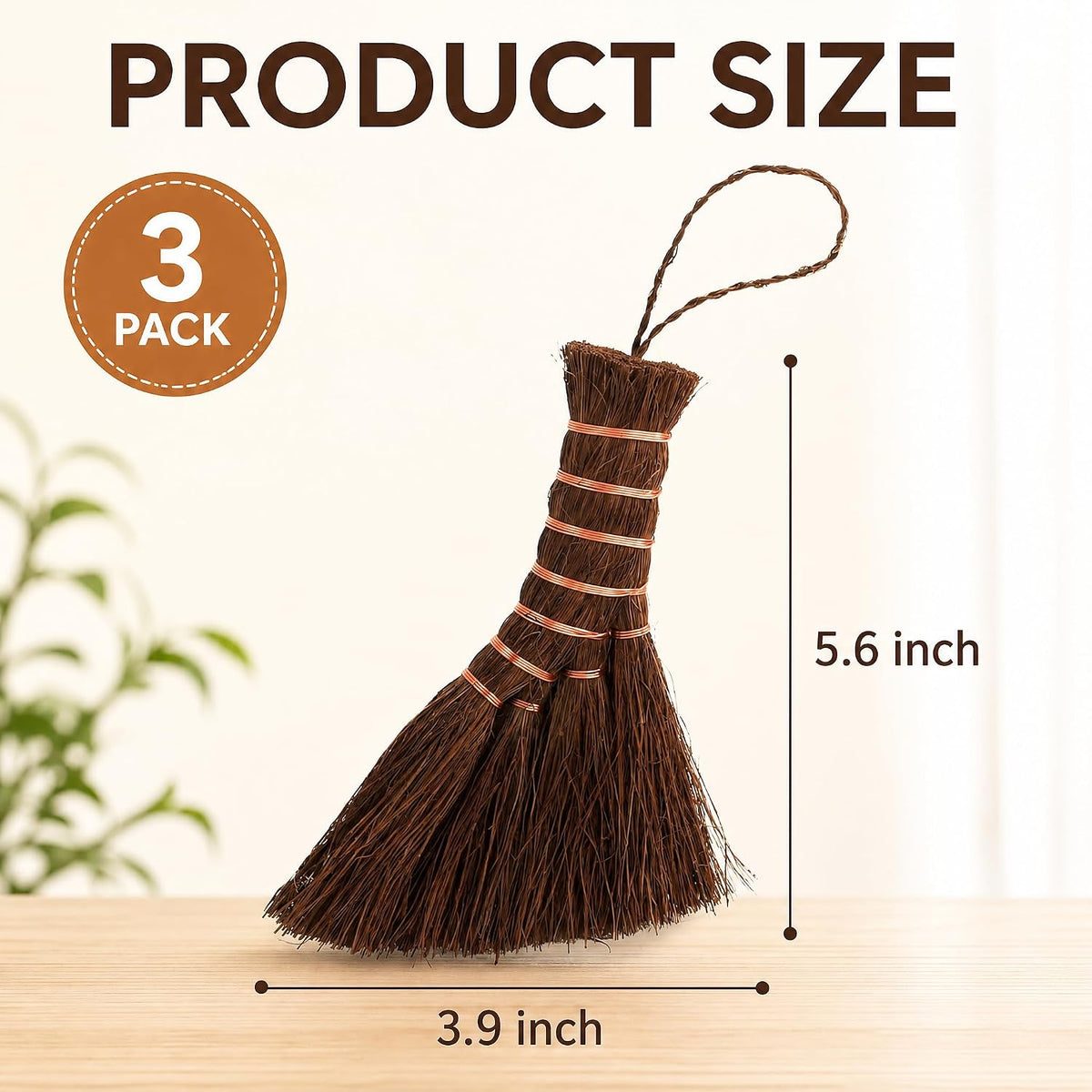 Fasmov 3 Pack Bonsai Broom Brush, Natural Straw Broom with Embroidery Nylon Thread Handle with Hanger, Whisk Broom Hand Brush Car Broom for Cleaning Dustpan Desktop