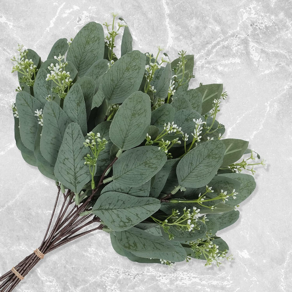 20 Pcs Eucalyptus Leaves Stems Bulk Artificial Greenery Stems Faux Seeded Eucalyptus Leaves Branches for Vase Bouquets Floral Arrangement Wreath Wedding Greenery Decoration