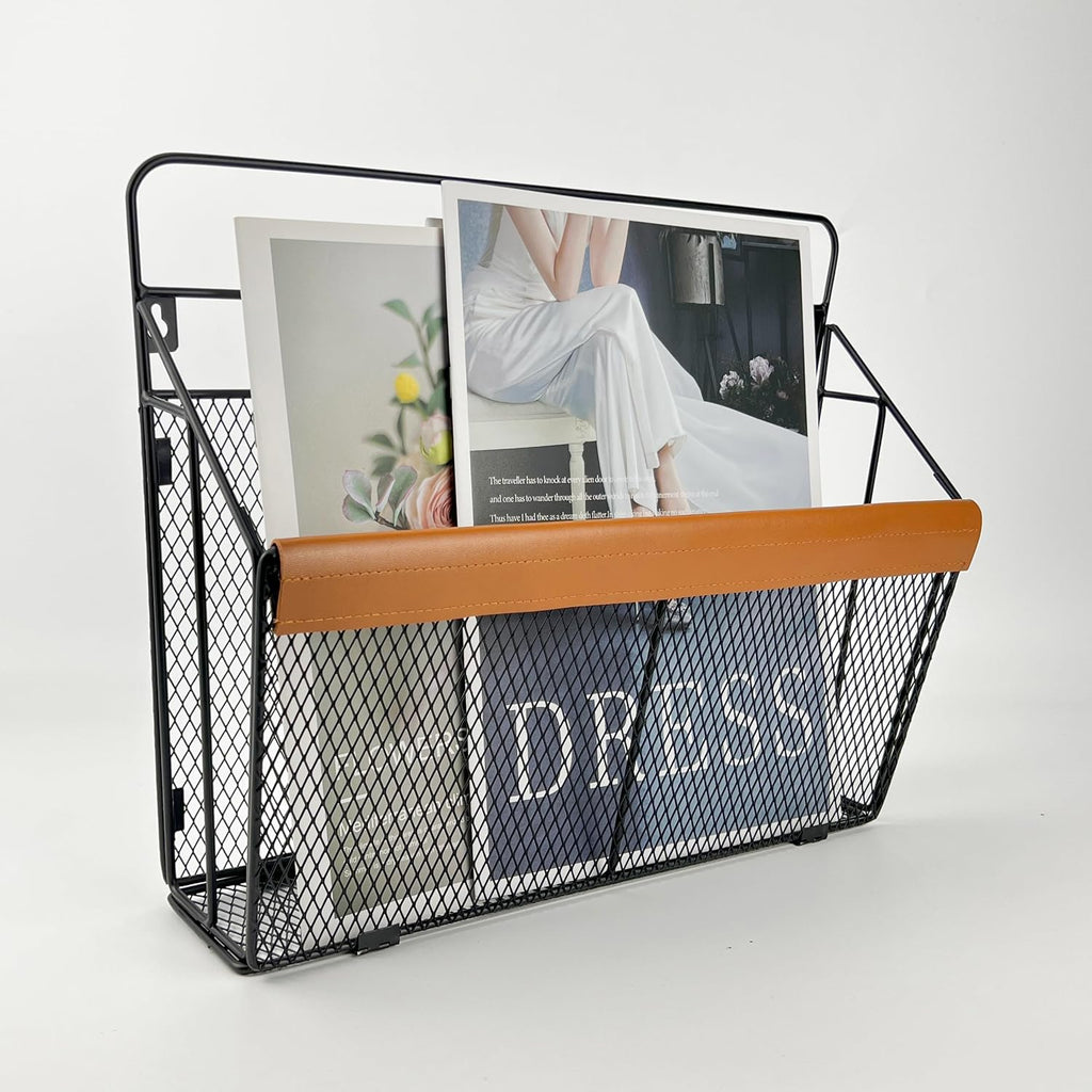 Wall Mounted Magazine Rack with Leather Trim, Decorative Art Wall Magazine Holder, Hanging Paper Organizer, Metal Wire Magazine Organizer for Home Office, 2 Packs