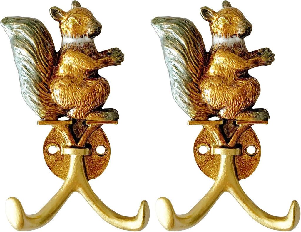 Vintage Squirrel Shaped Decorative Wall Hooks Rack Hangers for Hanging Clothes Coats Towels Keys Hats, 2 Pack Antique Metal Mounted Wall Hook