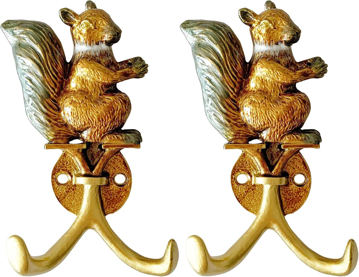 Vintage Squirrel Shaped Decorative Wall Hooks Rack Hangers for Hanging Clothes Coats Towels Keys Hats, 2 Pack Antique Metal Mounted Wall Hook