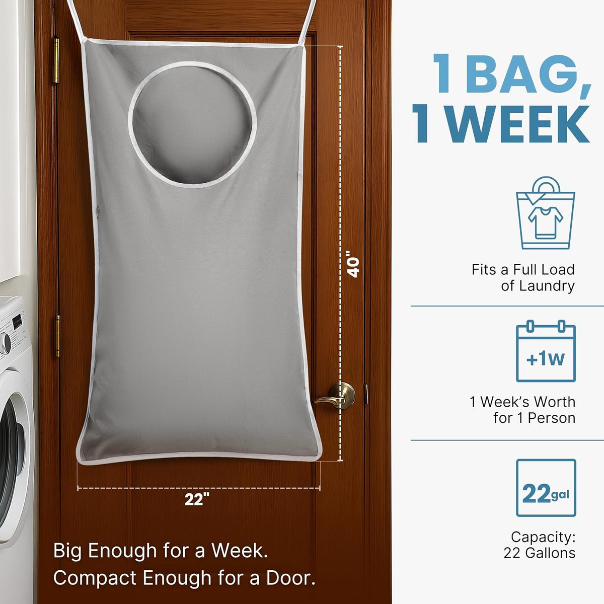 Hanging Laundry Hamper Bag XL 40x22", Space Saving over the Door Storage Bags, Behind the Door Hampers for Dirty Clothes & Wall Mounted Basket for Bathroom