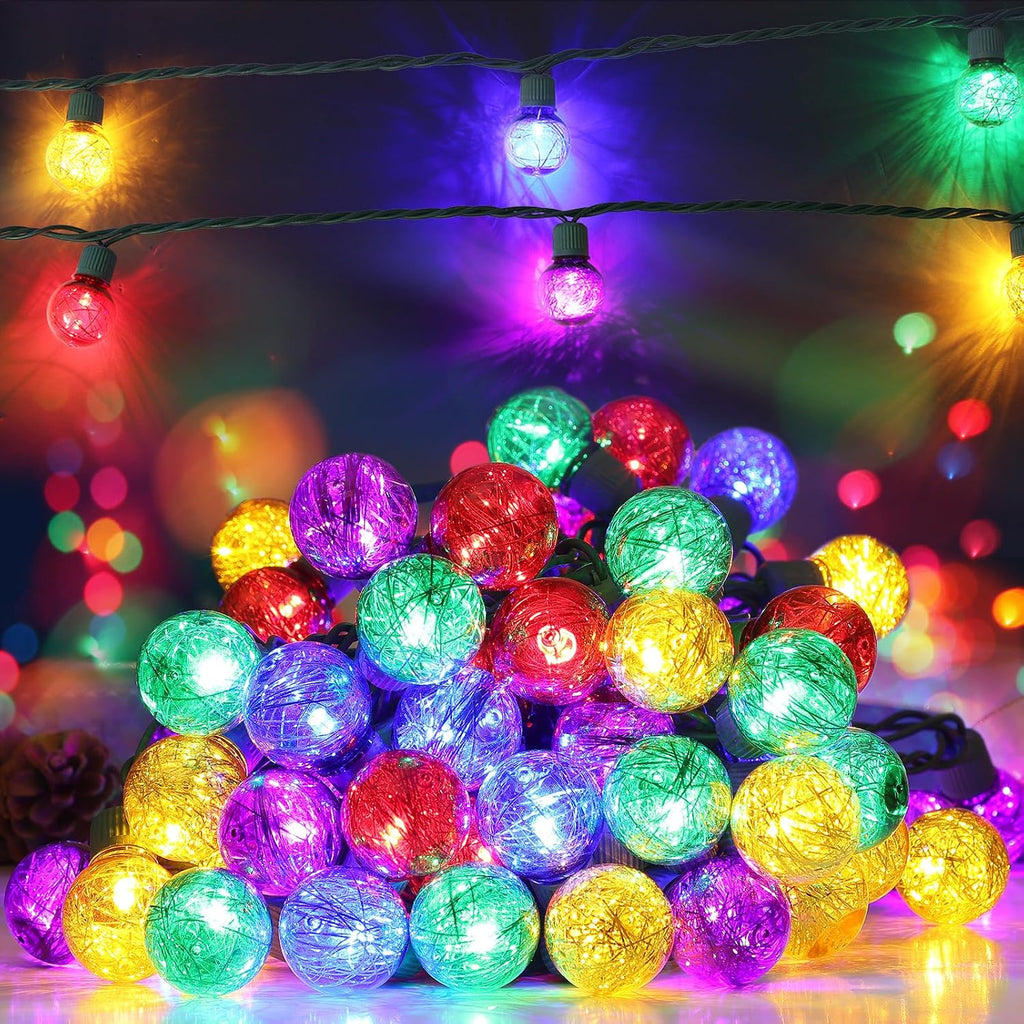 TIGOMOOV LED Globe Christmas Lights,G30 Round Christmas Tree Lights with Tinsel 25 Bulbs, 17FT Multi-Color Globe Tinsel LED Christmas Lights for Patio Deck Backyard Garden Party Outdoor Decorations