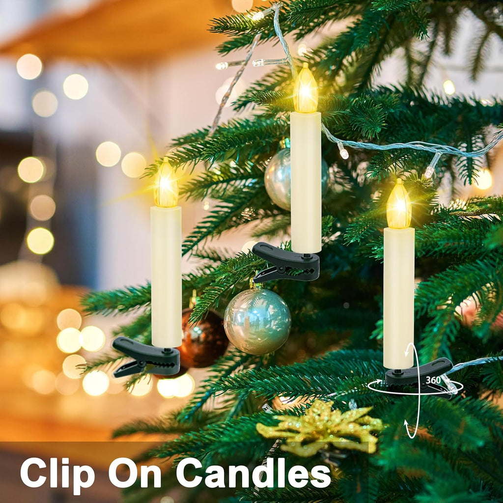 LED Christmas Candles, Flickering Clip on Candles for Christmas Tree, Battery Operated with Remote Timer, Warm White Light, Flameless Taper Candle for Home Christmas Decor, Set of 20