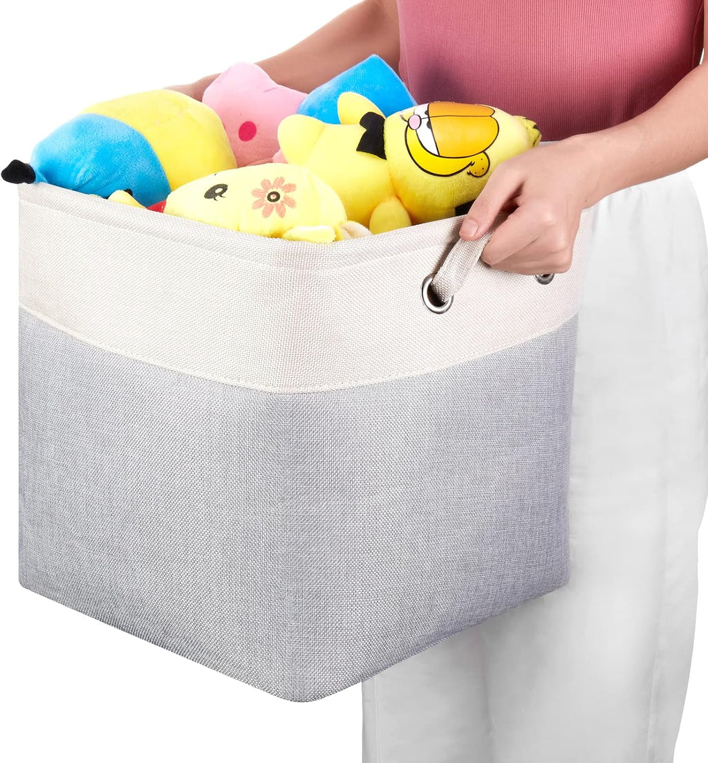 13x13x13 Storage Cube Bins 3 Pack -Linen-Feel Fabric Storage Boxes with Metal Frame & Foam Lining, Foldable Cube Organizer with Rope Handles for Shelf, Closet, Bedroom, Living Room
