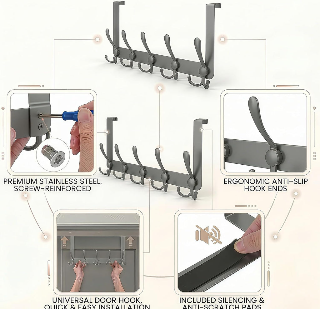 Over The Door Hooks, Heavy Duty Door Hanger with 5 Tri-Hooks for Hanging Clothes, Coats, Towels, Matte Gray OTD Storage Rack, Fits Standard 1-3/4" Doors, 60 lbs Max