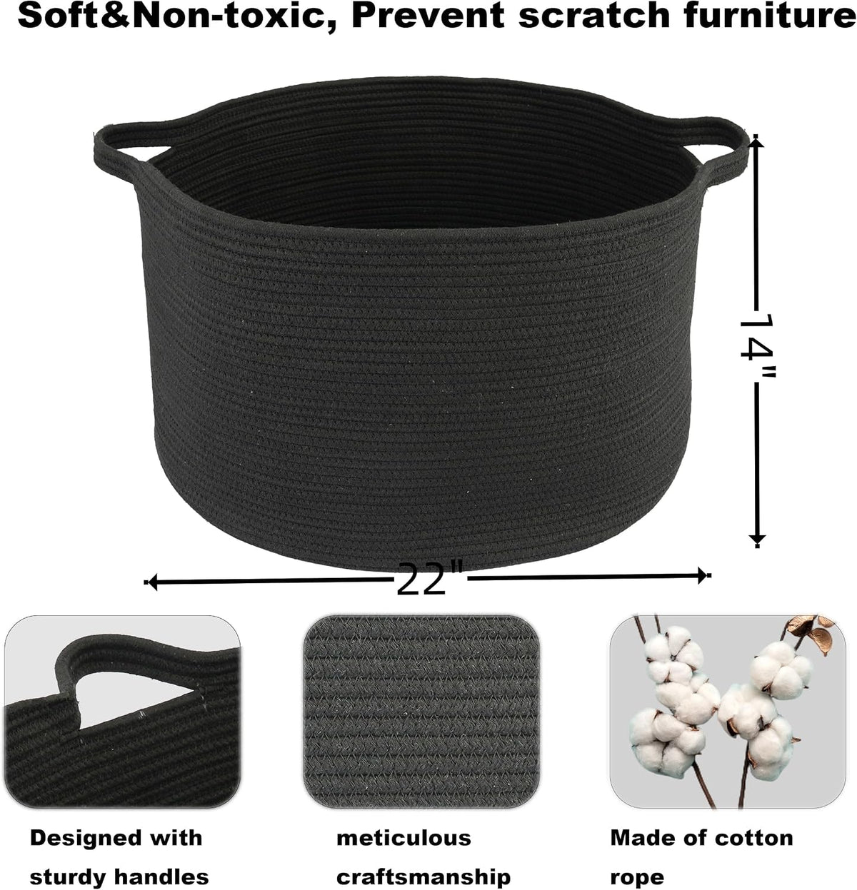 XUANGUO Extra Large Cotton Rope Round Storage Basket 22" x 14" Black