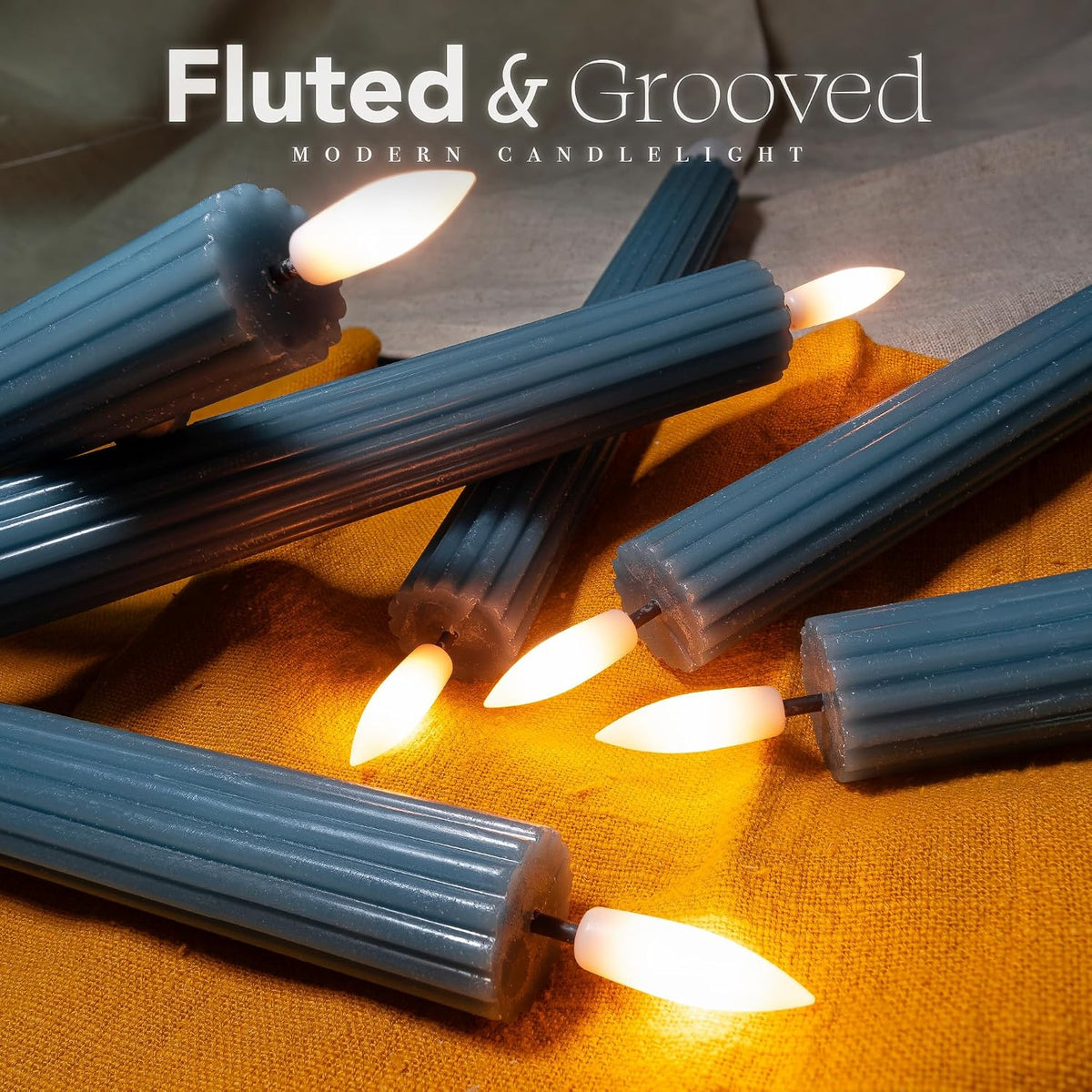 12 Pack, 10" LED Flameless Blue Fluted Ribbed Grooved Taper Candles with 2 Remotes & 24h Timer Memory, On/Off Button, Dimmable, Flicker Mode, Battery Operated, Christmas Menorah Wedding