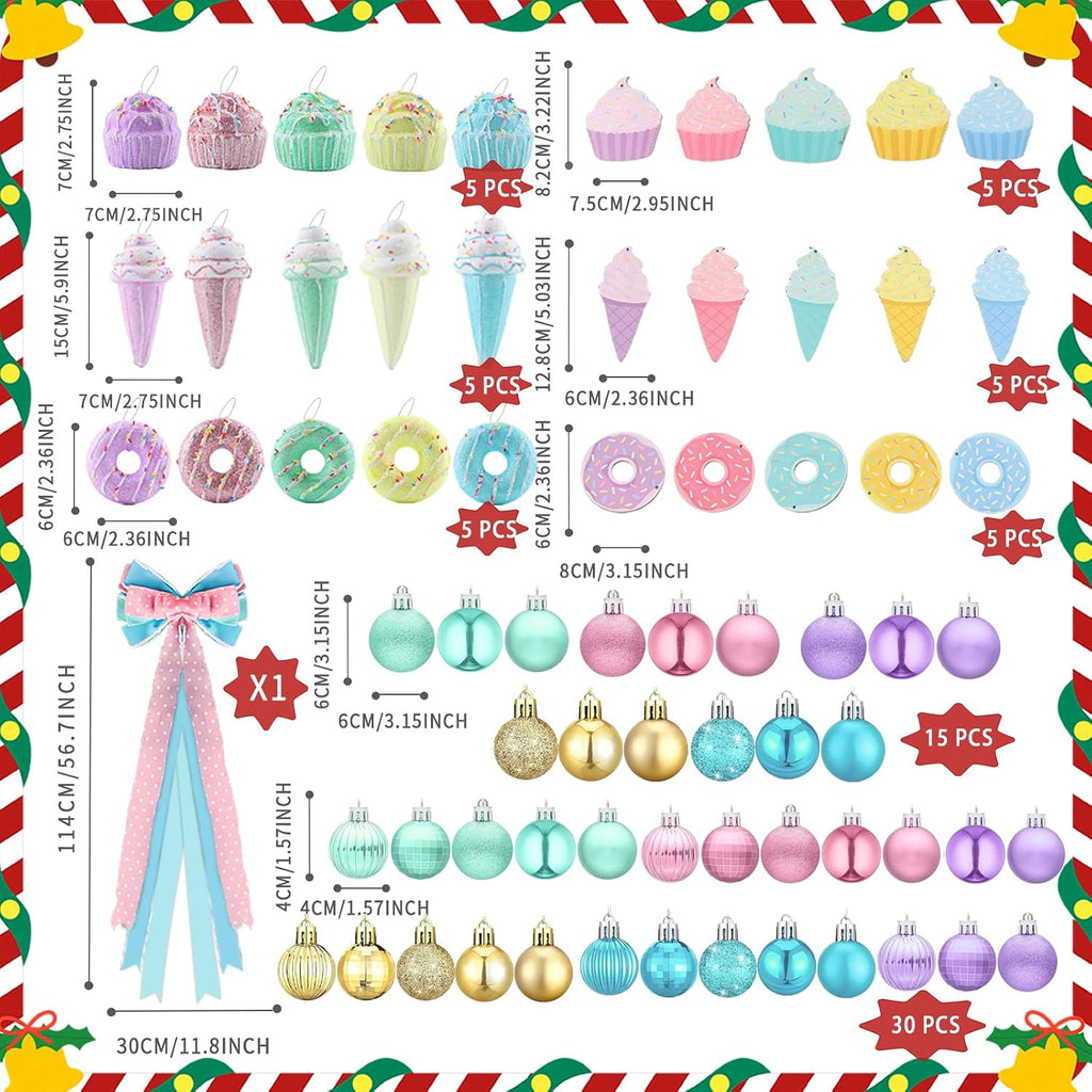 Pastel Candy Christmas Tree Decorations Set,Christmas Macron Ball Ornaments Hanging Ice Cream Gift Macaron Dessert Foam Pendant,Large Tree Topper Wreath Bow,Candy Wood Ornaments