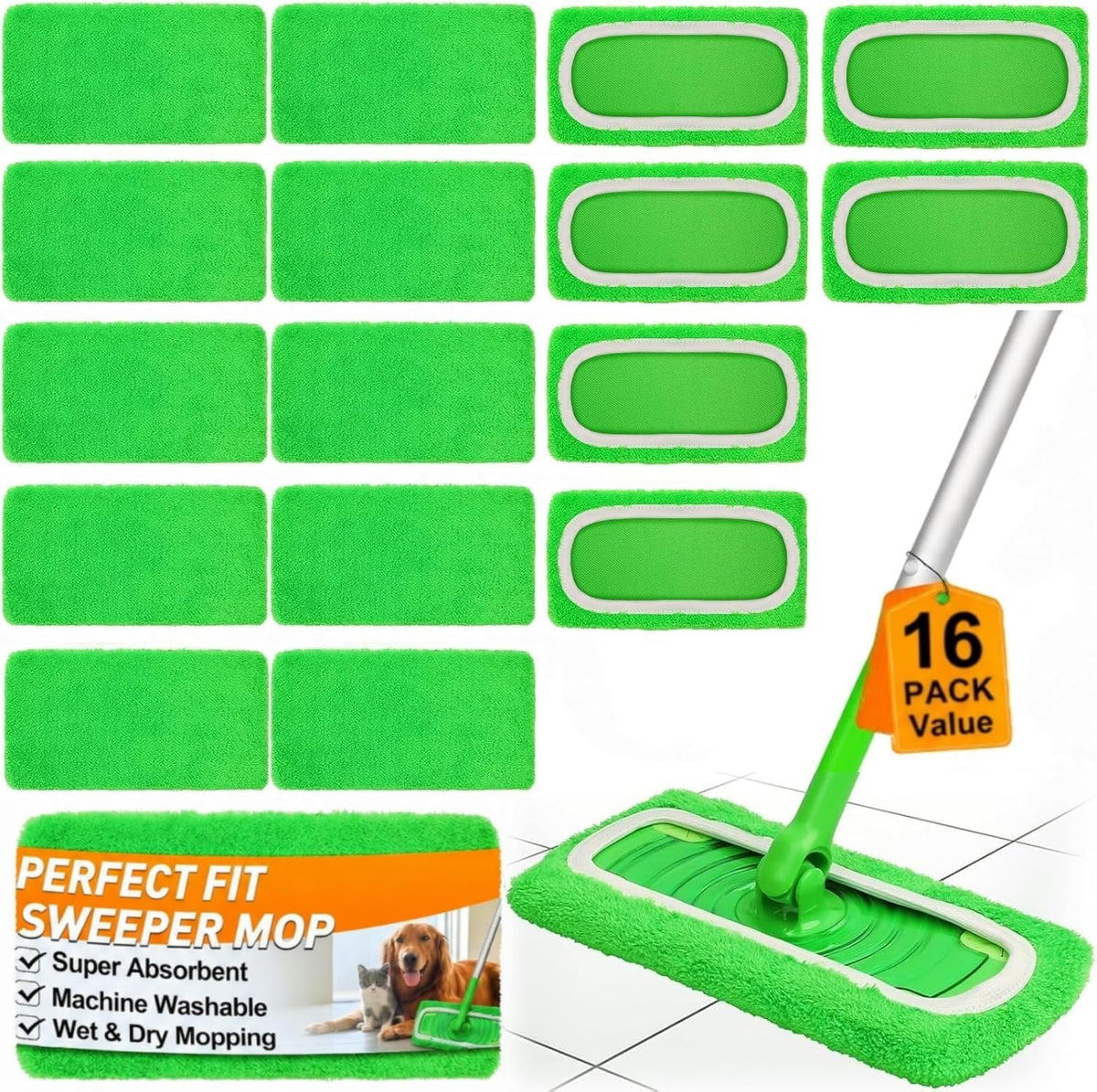 16 Pack Reusable Microfiber Mop Pads Compatible with Swiffer Sweeper, Washable Wet & Dry Mopping Pad Refills for Hardwood, Pet Hair, Laminate, Marble, Multi-Surface Floor Cleaning