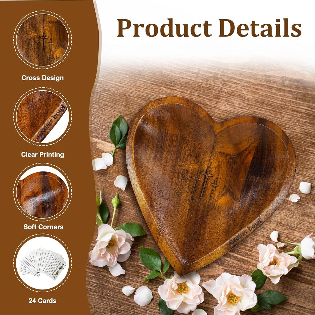 Wooden Prayer Bowl with 24 Cards, Heart Shaped Prayer Bowl