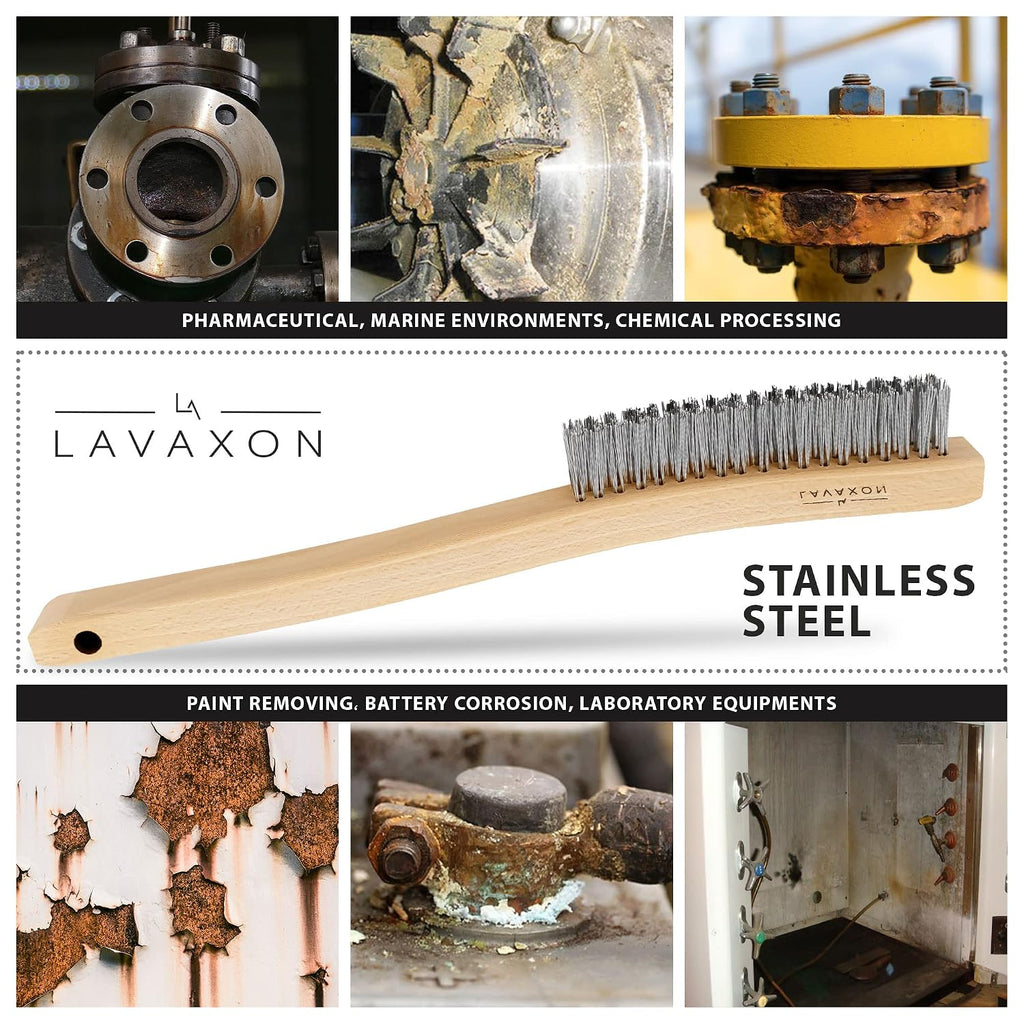 Lavaxon Wire Brush Set-Heavy Duty Stainless Steel Bristles with Wood Handle Grip for Rust, Wielding Slag, Dirt & Paint Scrubbing with Deep Cleaning – 14 Inches (Pack of 2)