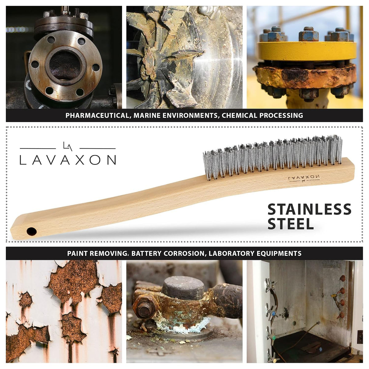 Lavaxon Wire Brush Set-Heavy Duty Stainless Steel Bristles with Wood Handle Grip for Rust, Wielding Slag, Dirt & Paint Scrubbing with Deep Cleaning – 14 Inches (Pack of 2)