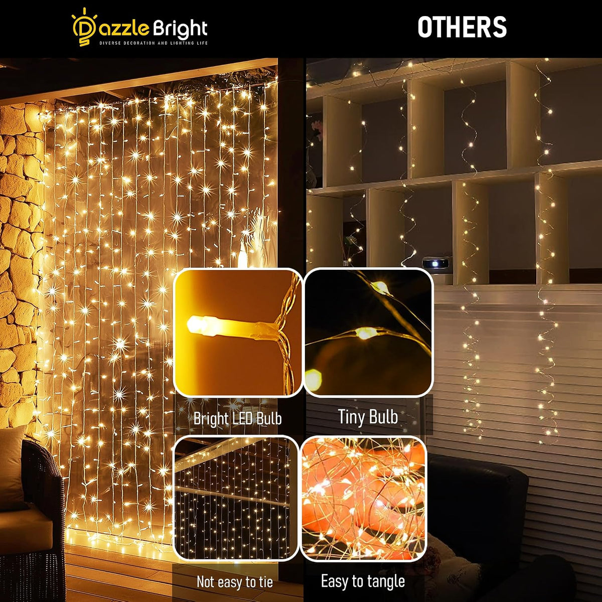 Dazzle Bright 300 LED Curtain Lights, Plug in Fairy Curtain Lights for Bedroom, Christmas Hanging String Lights Outdoor for Window Backdrop Wall Wedding Patio Indoor Dorm Party Decor, Warm White