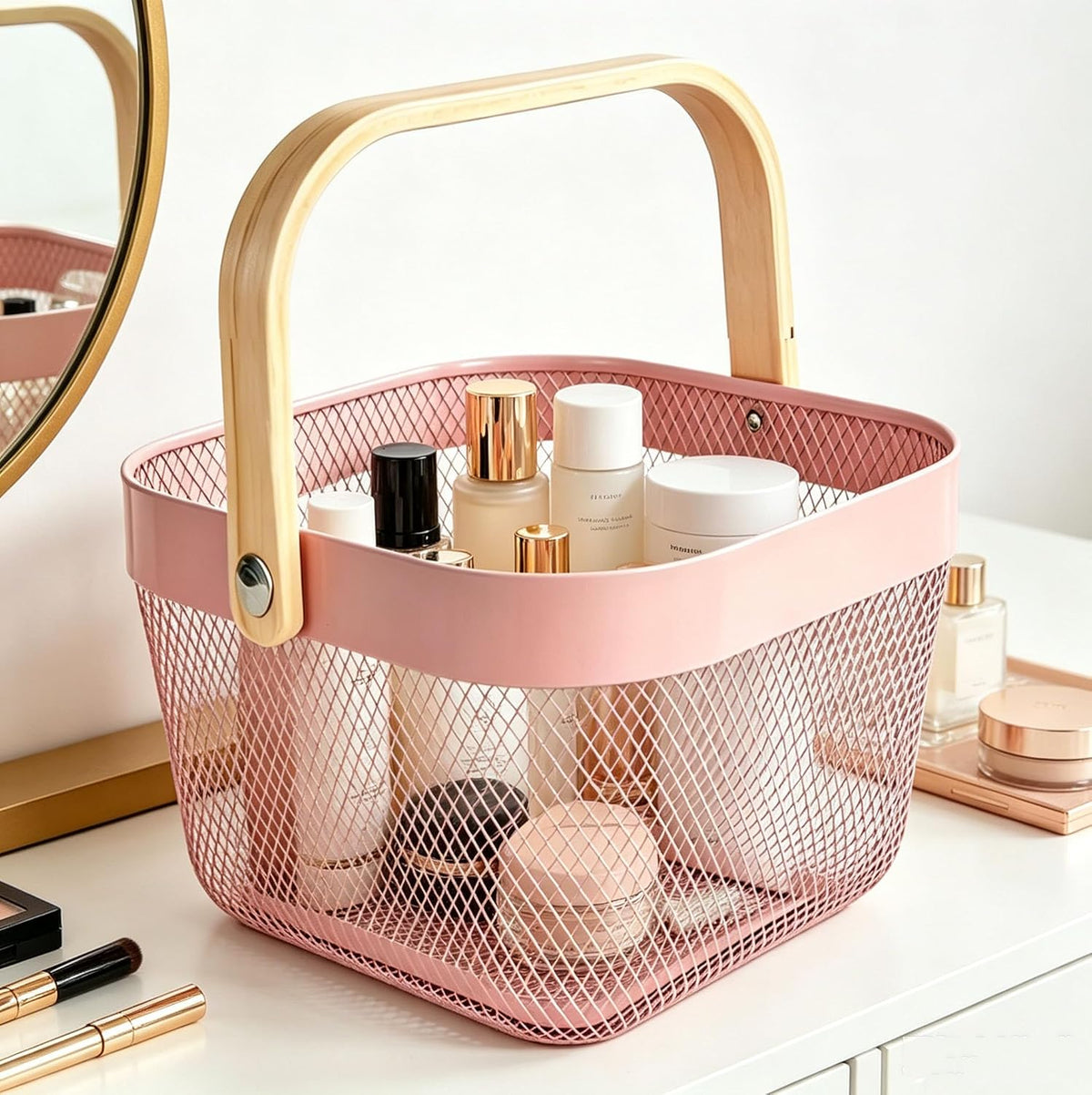 AJIODA Metal Mesh Wire Basket, Small Steel Basket with Wooden Handle Storage Organizer Basket Multi-functional Hanging Kitchen Baskets Fruit Baskets for Kitchen Bathroom Cabinet Pantry, Rose Pink