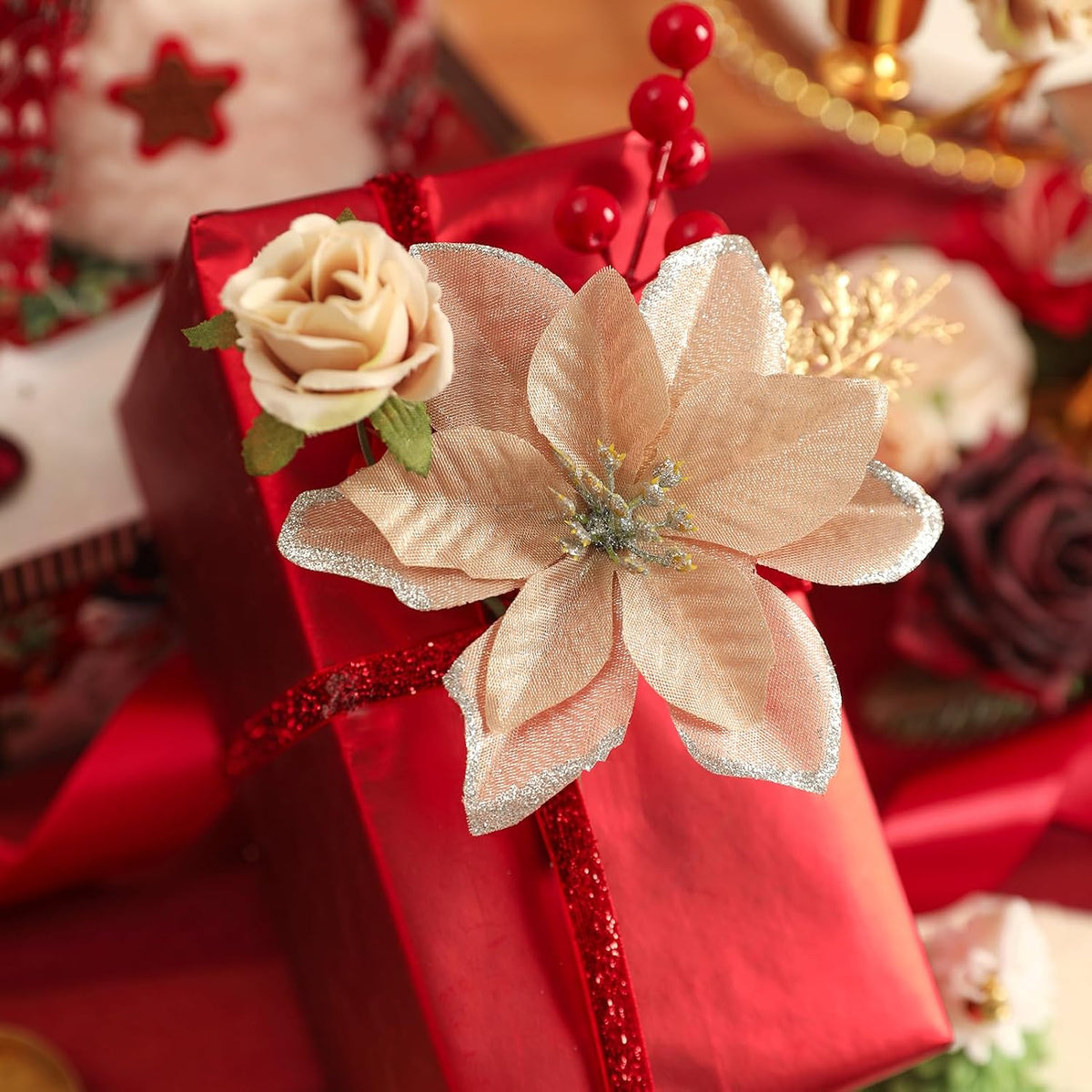 YYHUAWU Artificial Christmas Flowers Greenery Combo Box Set Faux Flowers Bulk Flower Leaf with Stems for DIY Tree Ornaments Xmas Wreath Floral Arrangements Centerpieces