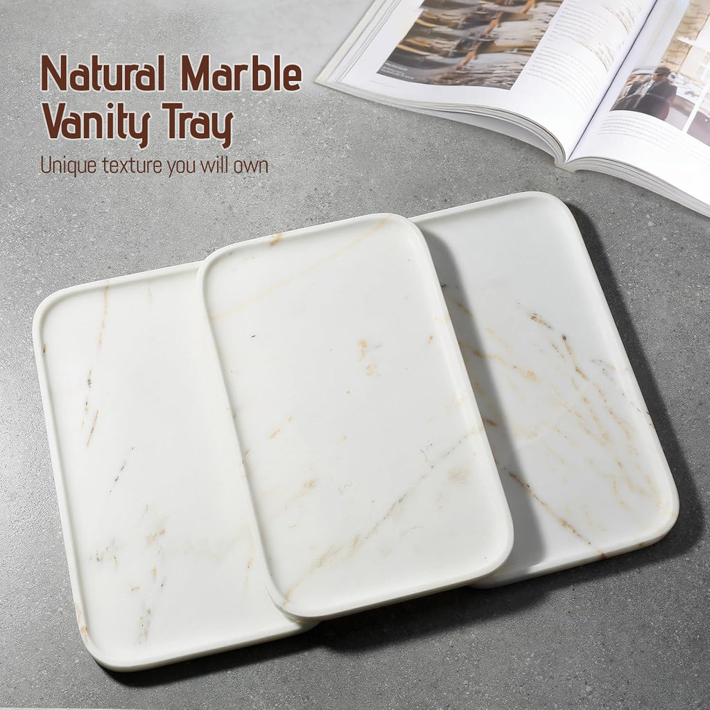 Karibiber Calacatta Vanity Tray, 14 in Marble Stone Bathroom Tray for Countertop, Golden Marble Decorative Perfume Tray for Dresser, Large Nightstand Tray, Storage Tray for Coffee Table