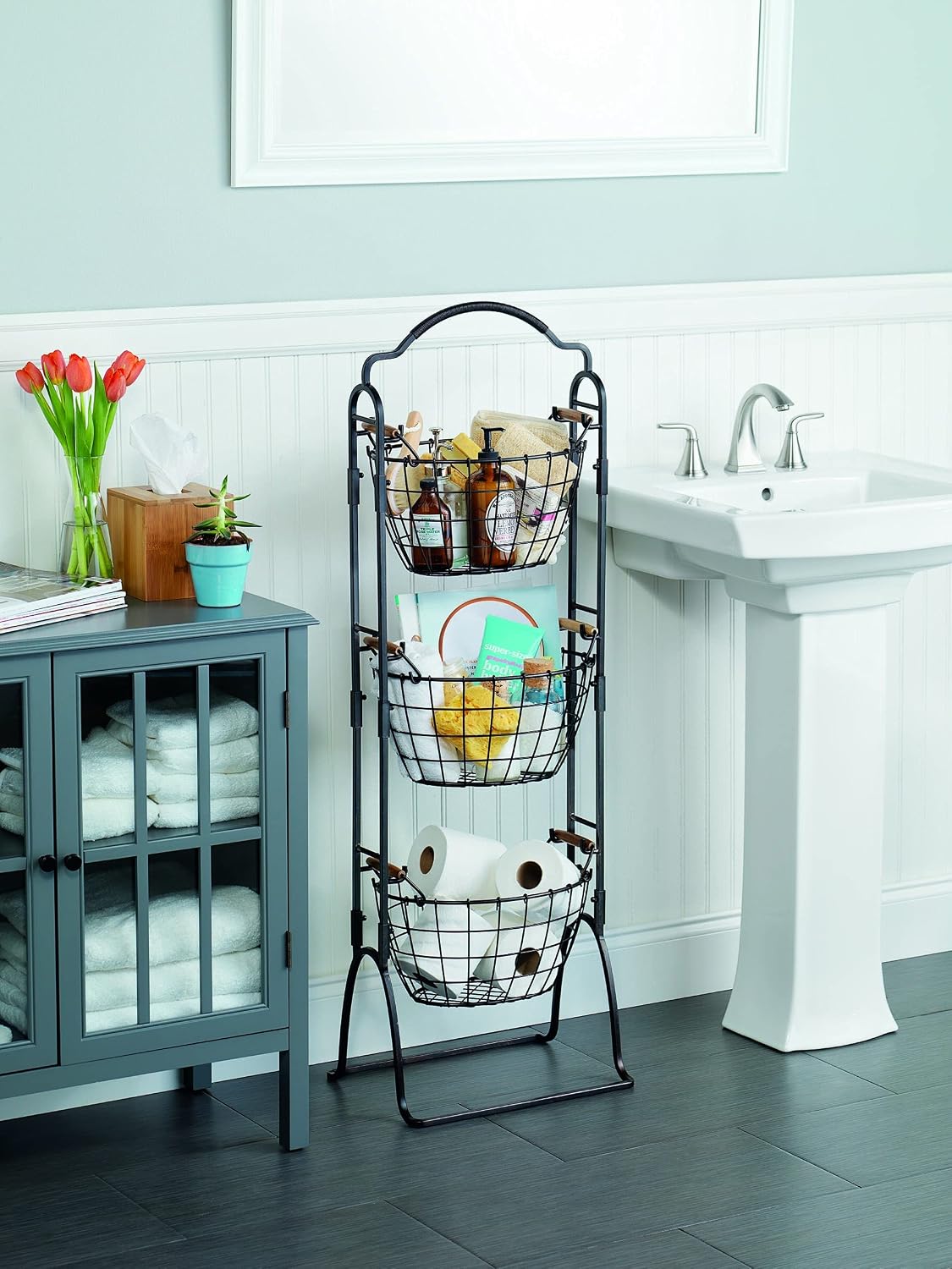 Gourmet Basics by Mikasa 5184916 Harbor Adjustable 3-Tier Metal Floor Standing Fruit/Home Storage Basket, Antique/Distressed Black and Copper