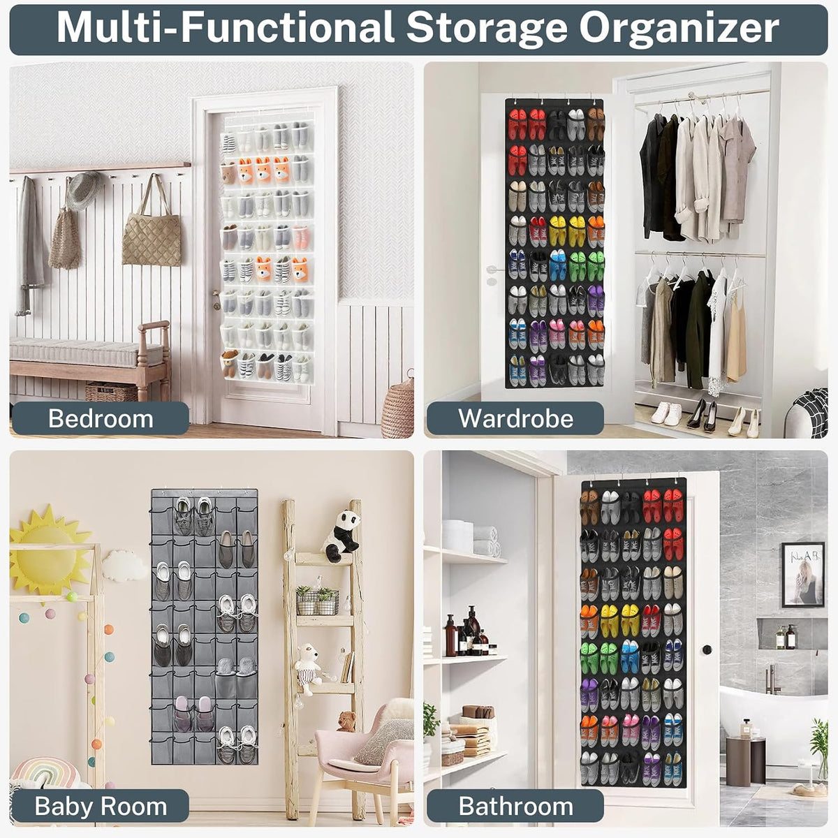 Over the Door Shoe Organizer,40-Pocket Hanging Shoe Rack for Closet Door,Shoes Storage Holder Hanger with Large Mesh Pocket for Women Men Shoes,Flip Flops(Black)