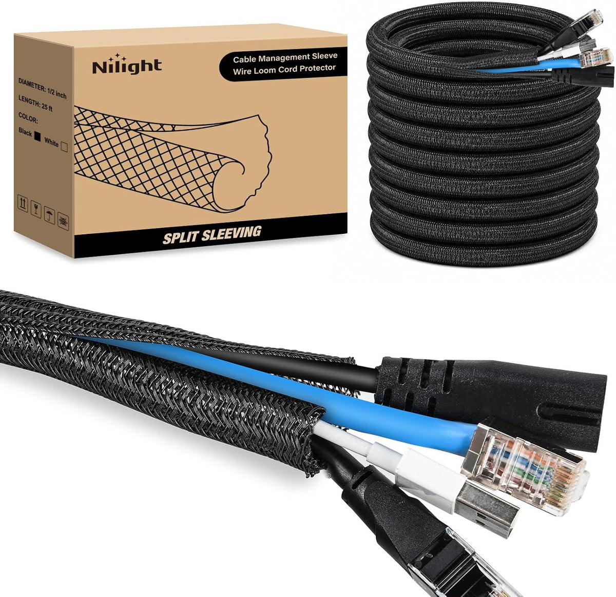 Nilight Cable Sleeve, 25ft-1/2inch Cord Management Sleeves Black Wire Loom