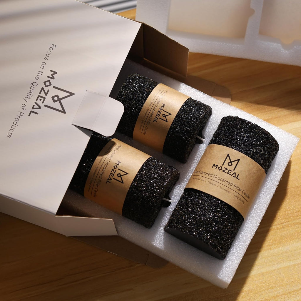 MOZEAL Hand-Poured Granular Texture Decorative Black Pillar Candles Set of 3 (3"x4", 5", 6"),Approx 300 Hours Burn Time Dripless, Unscented, Smokeless, for Halloween