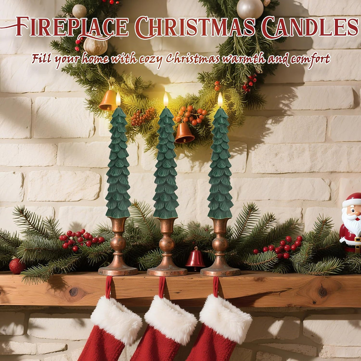 JOIONE Flameless Christmas Tree Taper Candles with Remote Set of 3, Green