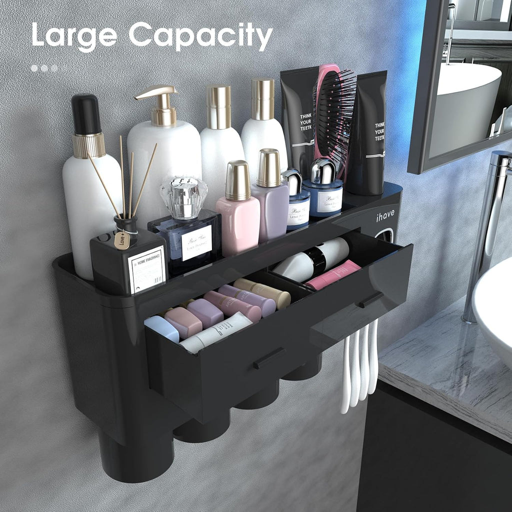 iHave Toothbrush Holders Wall Mounted with Toothpaste Dispenser & 4 Cups