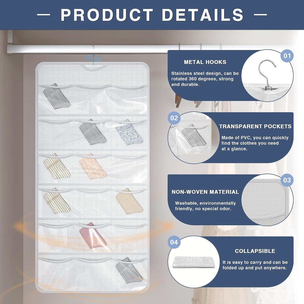 26-Pocket Hanging Closet Organizer for Socks and Underwear, White