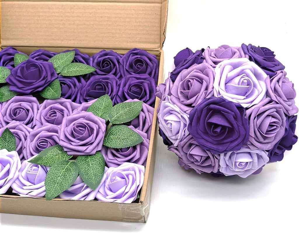 Artificial Flowers 25PCS Real Looking Ombre Colors Purple Fake Roses with Stem for DIY Wedding Bouquets Centerpieces Baby Shower Party Home Decorations
