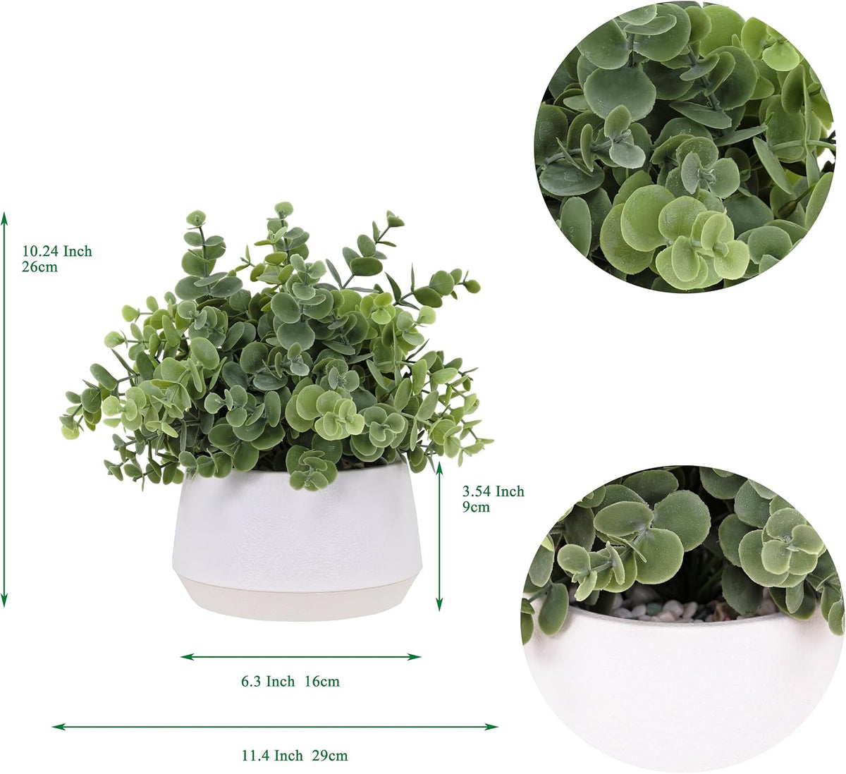 365 Blooming Decor Artificial Eucalyptus Plant–10.2"x11.4" Luxury Faux Potted Greenery in White Textured Pot with Real Pebbles, Premium Material, No Assembly, Farmhouse, Coffee Table, Bathroom Decor
