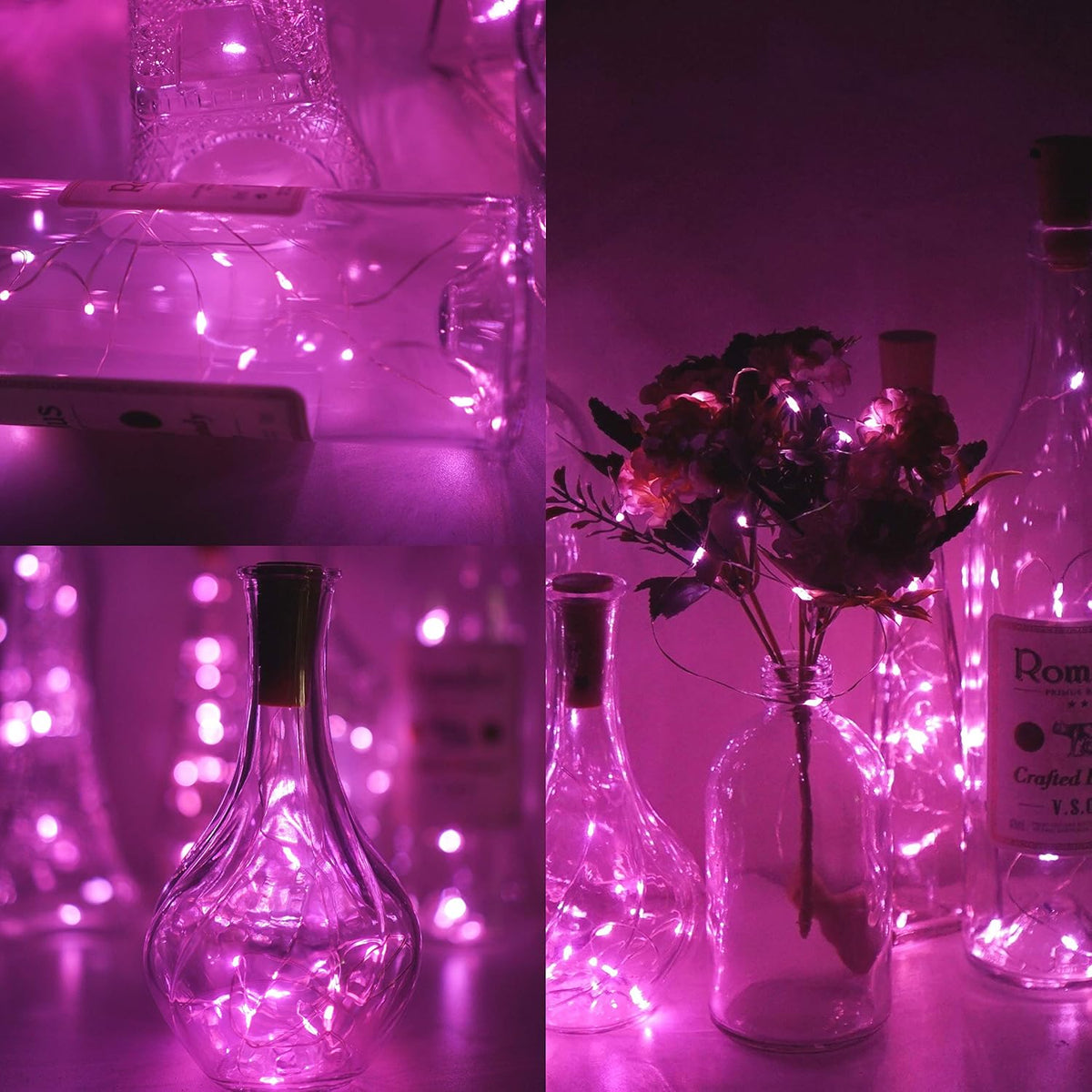Wine Bottle Lights with Cork, 6 Pack Battery Operated 15 LED Cork Shape Silver Wire Colorful Fairy Mini String Lights for DIY, Party, Decor, Christmas, Halloween,Wedding (Pink)